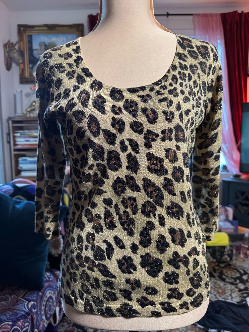 August Silk Leopard Print Silk Blend Metallic Sequin Top M